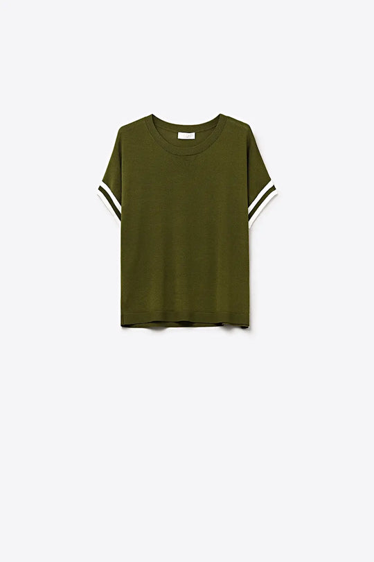 Olive Green fine Knited sweater with Striped Cuffs - KHAKI / ONE - Sweaters