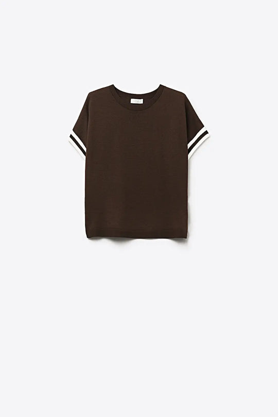 Brown Knit sweater with White Stripe Sleeve Detail - BROWN / ONE - Sweaters