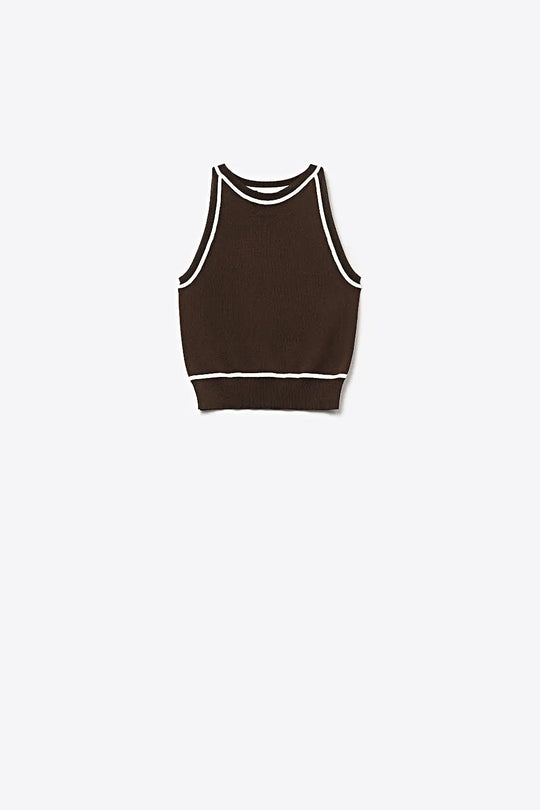 Sleeveless Knitted top In brown Featuring detail white Lines - BROWN / ONE - Tops