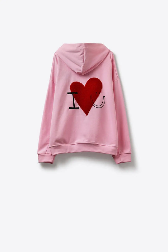 Baby pink Super-Soft Hoodie with Bouclé Heart Graphic - PINK / ONE - Sweaters