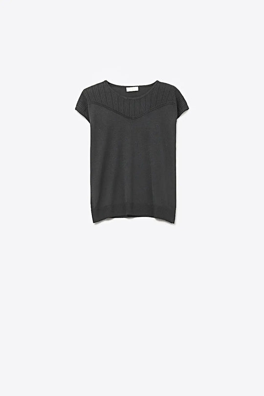 Black Knit Cap Sleeve Top with Textured Yoke Detail - BLACK / ONE - Sweaters