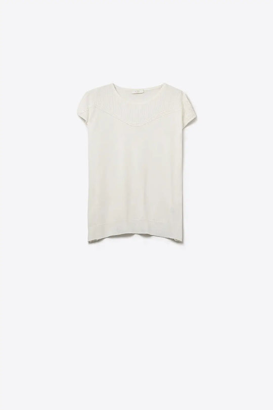 white Knit Short Sleeve sweater with Textured Detail - WHITE / ONE - Sweaters