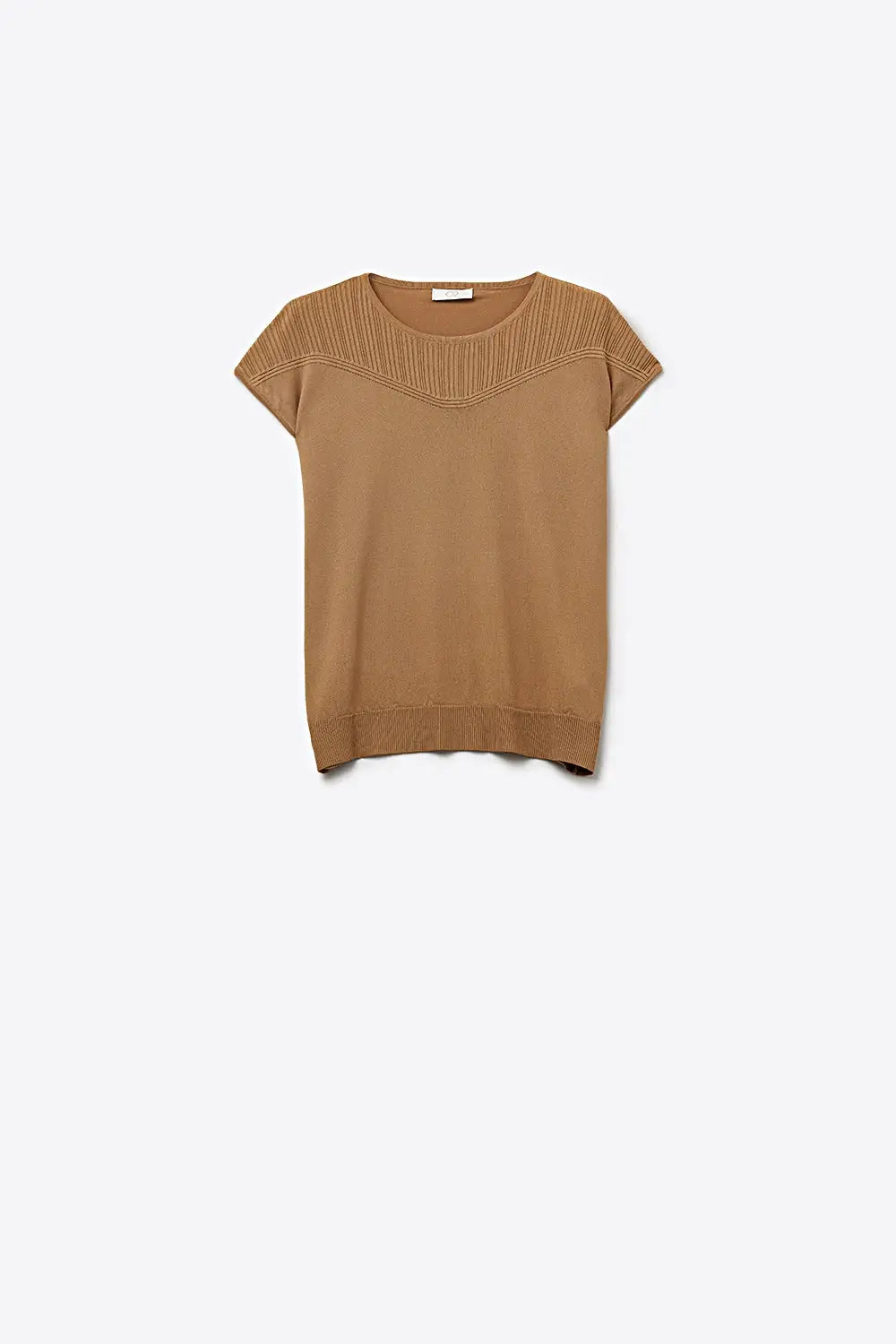 Camel Knit Cap Sleeve Sweater with Ribbed Detail - CAMEL / ONE - Sweaters