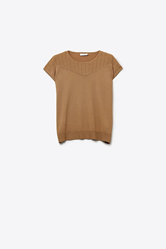 Camel Knit Cap Sleeve Sweater with Ribbed Detail - CAMEL / ONE - Sweaters
