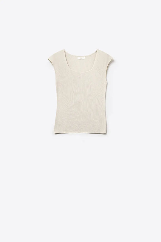 Cream Ribbed Knit Scoop Neck Cap Sleeve Top - BEIGE / ONE - Sweaters