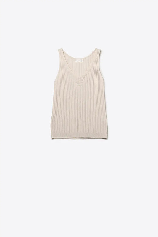 Beige Ribbed Knit V-Neck Tank Top - BEIGE / ONE - Tops