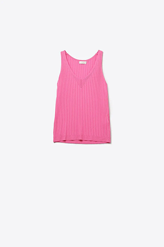Pink Ribbed Knit V-Neck Tank Top - FUCHSIA / ONE - Tops