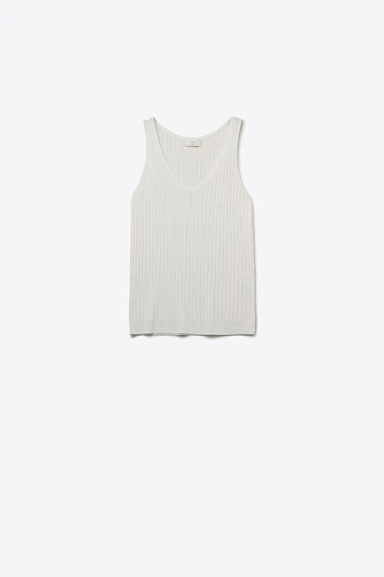 White Ribbed V-Neck Sleeveless Knit Tank Top - WHITE / ONE - Tops