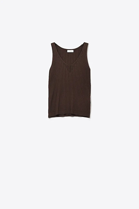 Brown Ribbed Knit V-Neck Tank Top - BROWN / ONE - Tops