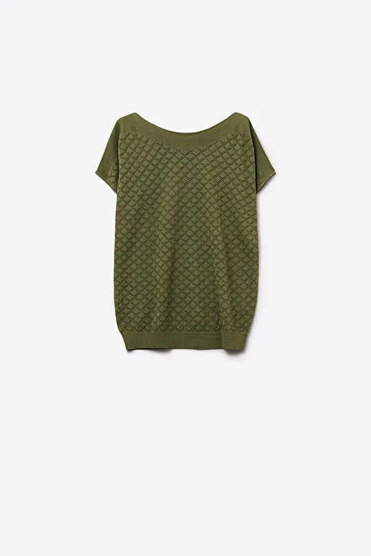 Olive Green Textured Knit Short Sleeve Sweater Top - KHAKI / ONE - Sweaters