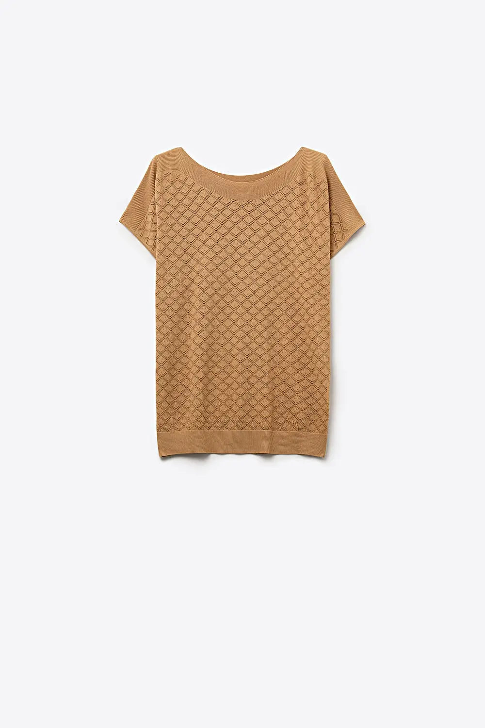 Camel Knit Short Sleeve Sweater with Textured Pattern - CAMEL / ONE - Sweaters