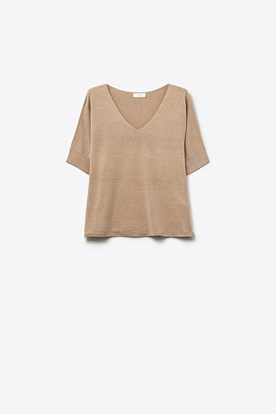 Beige V-Neck Relaxed Fit Knit Top - BEIGE / ONE - Sweaters