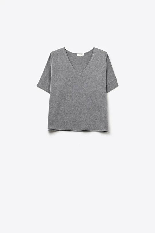 Grey Relaxed V-Neck Short Sleeve Knit Top - GRAY / ONE - Sweaters