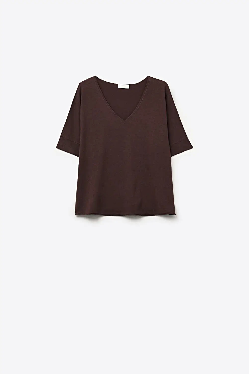 Brown Relaxed V-Neck Knit Top with Short Sleeves - BROWN / ONE - Sweaters
