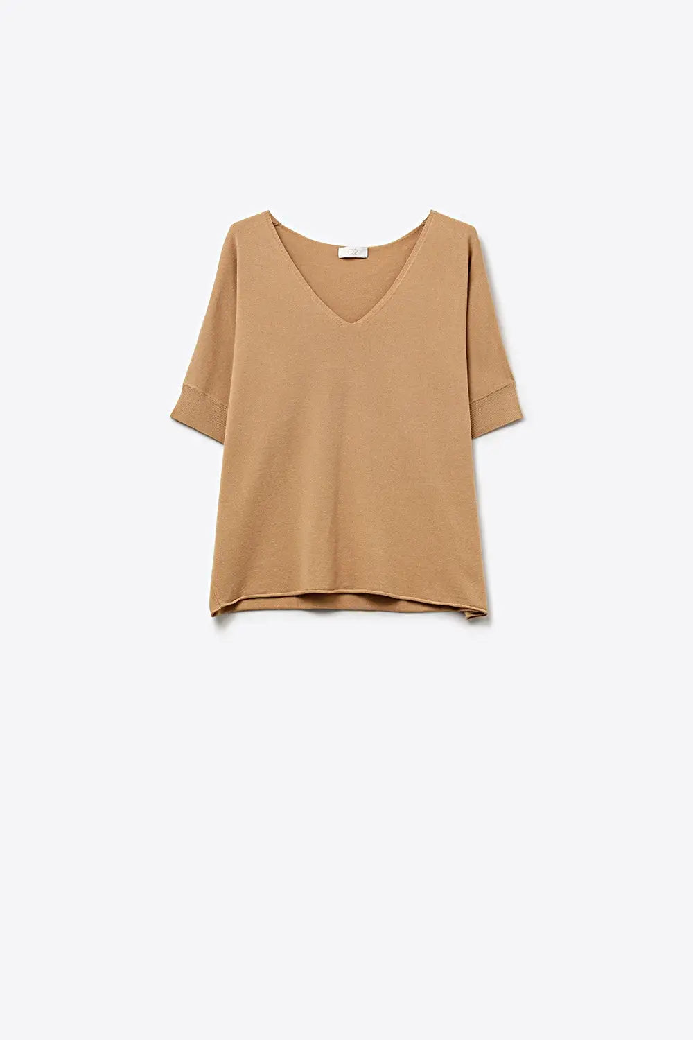 Camel V-Neck Knit Top with Elbow Sleeve - CAMEL / ONE - Tops