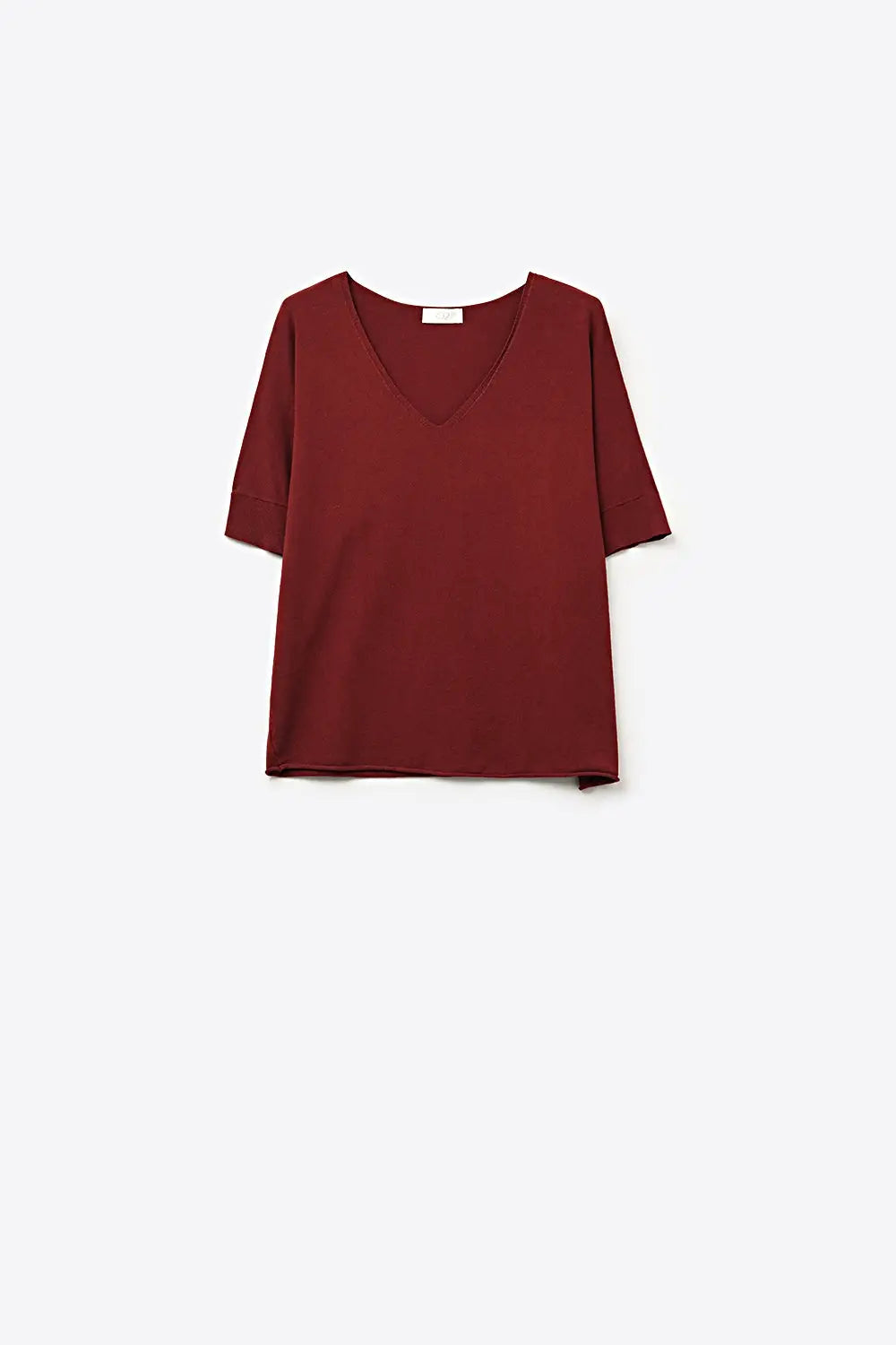 Burgundy Relaxed V-Neck Short Sleeve Knit Top - MAROON / ONE - Sweaters