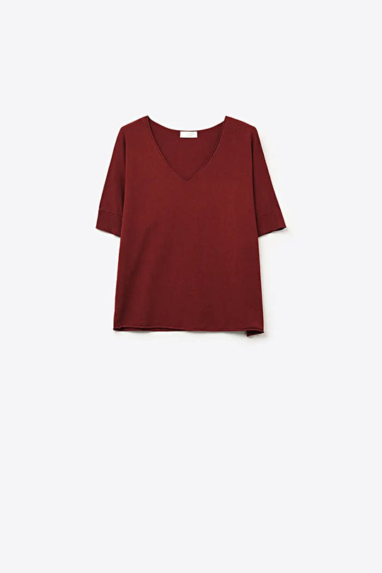 Burgundy Relaxed V-Neck Short Sleeve Knit Top - MAROON / ONE - Sweaters