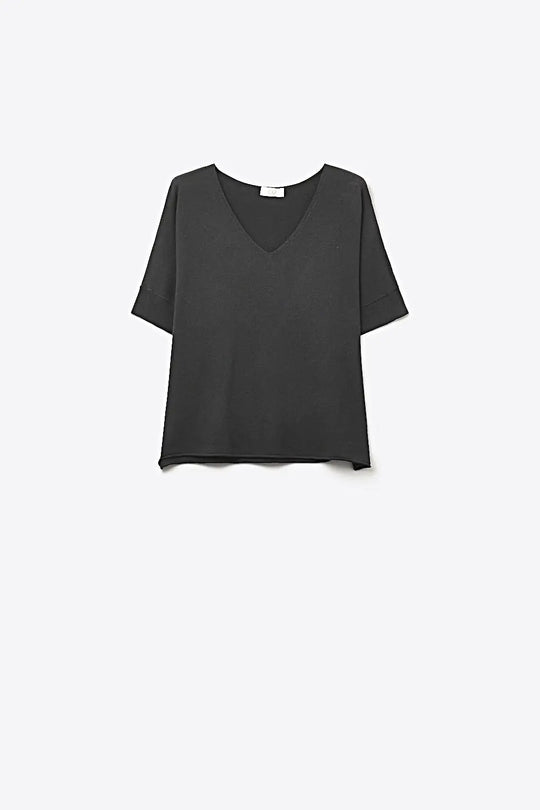 Black V-Neck Relaxed Fit Short Sleeve Top - BLACK / ONE - Sweaters