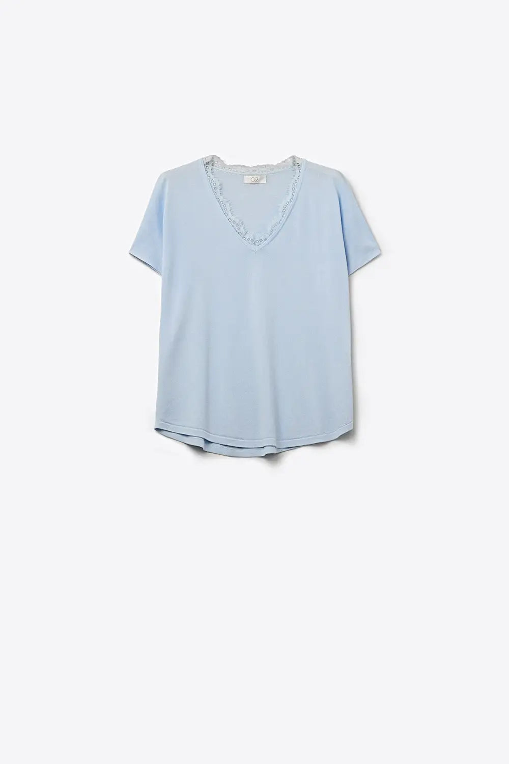 Fine and soft knit sweater with V-neck and lace trim in baby blue - BLUE / ONE - Sweaters