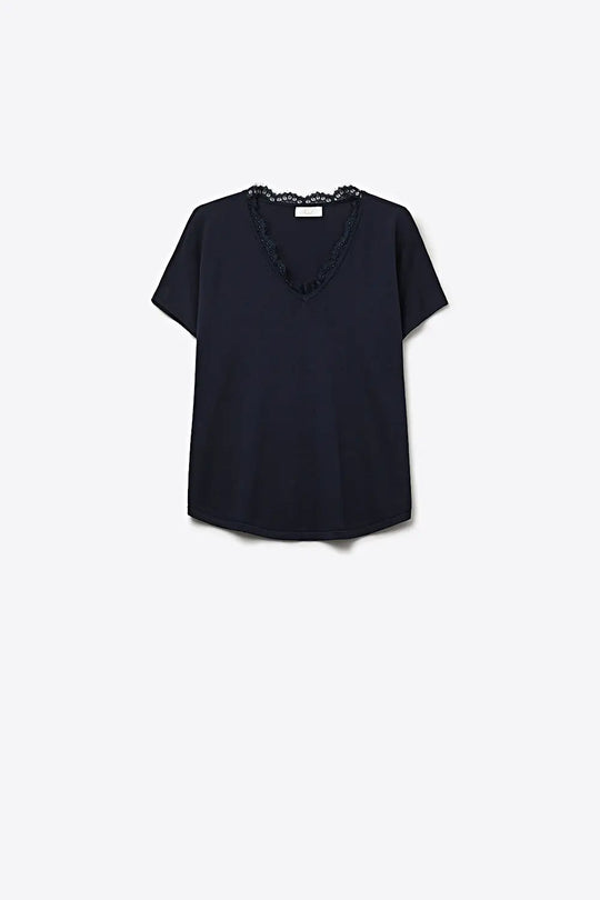 Fine and soft knit sweater with V-neck and lace trim in navy - NAVY / ONE - Sweaters