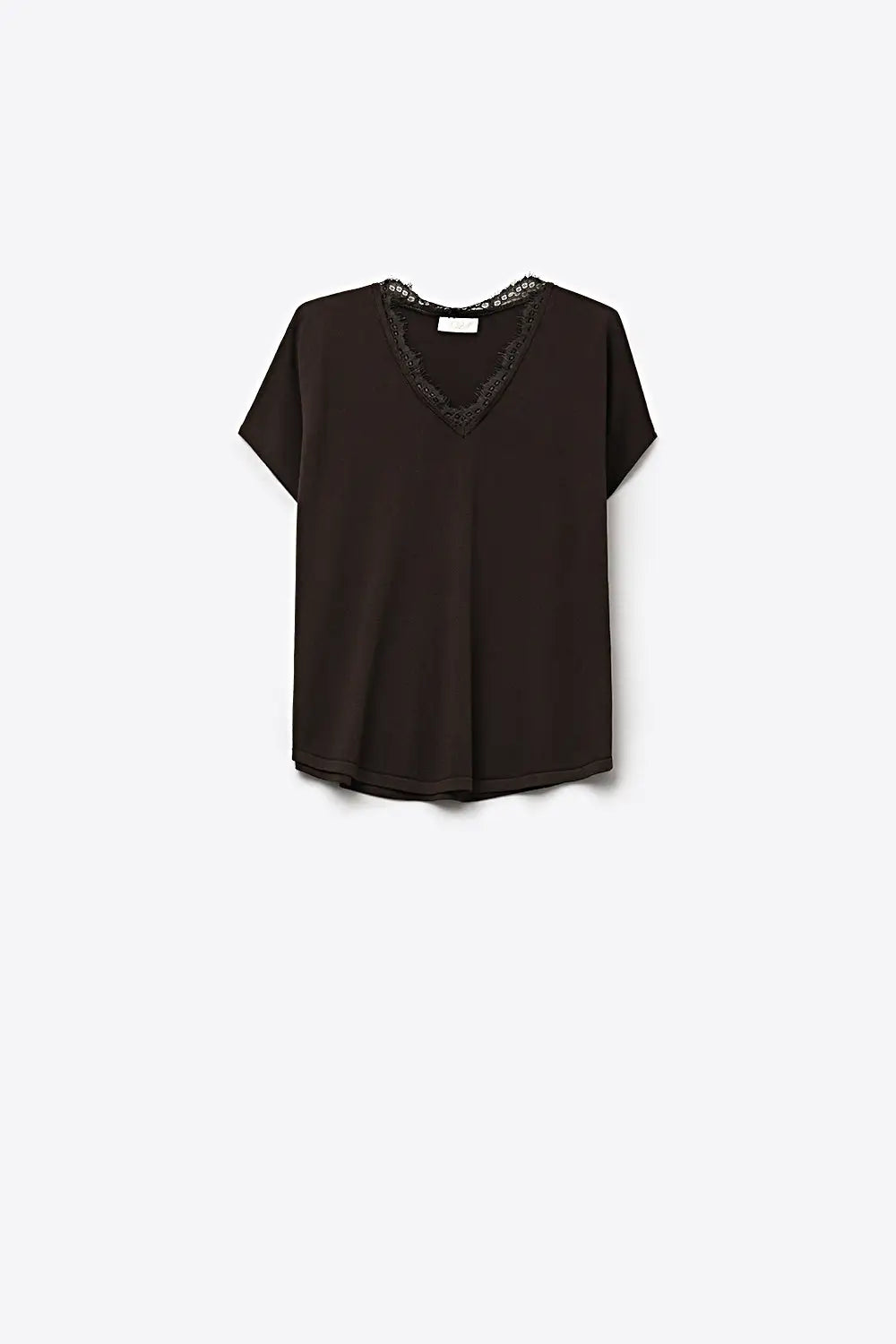 Fine and soft knit sweater with V-neck and lace trim in brown - BROWN / ONE - Sweaters