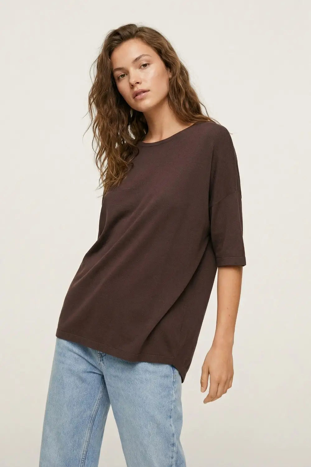 Oversized Sweater in Brown with Elbow-Length Sleeves - BROWN / ONE - Sweaters