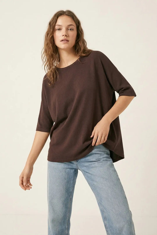 Oversized Sweater in Brown with Elbow-Length Sleeves - BROWN / ONE - Sweaters