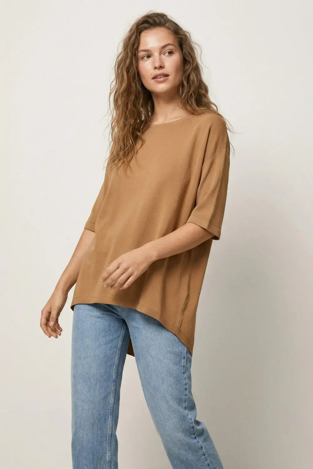 Oversized Sweater in Camel with Elbow- Length Sleeves - CAMEL / ONE - Sweaters