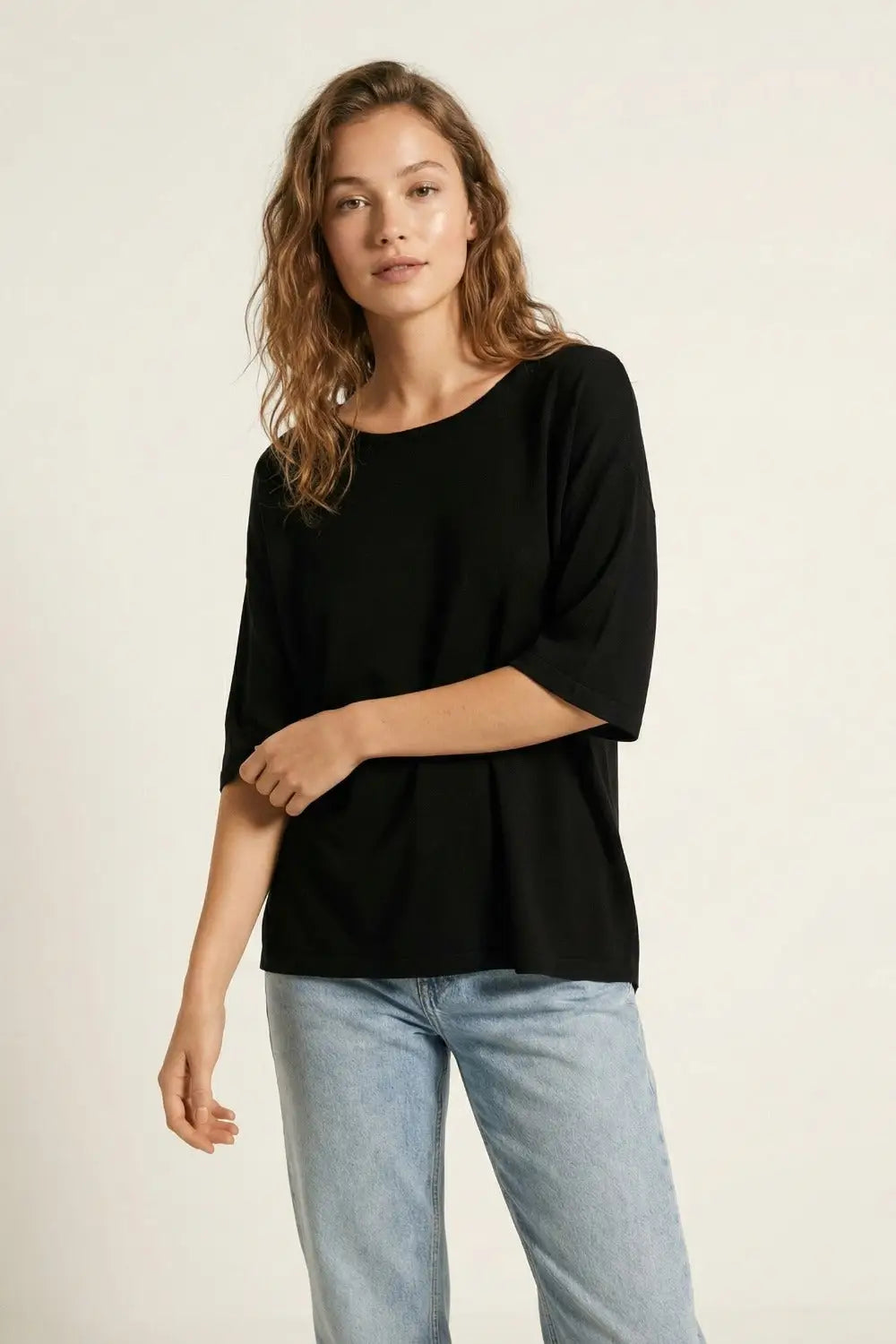 Oversized Sweater in Black with Elbow-Length Sleeves - BLACK / ONE - Sweaters