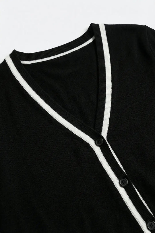 Black Fine Knit Cardigan with Contrast Trim in white - BLACK / ONE - Cardigans
