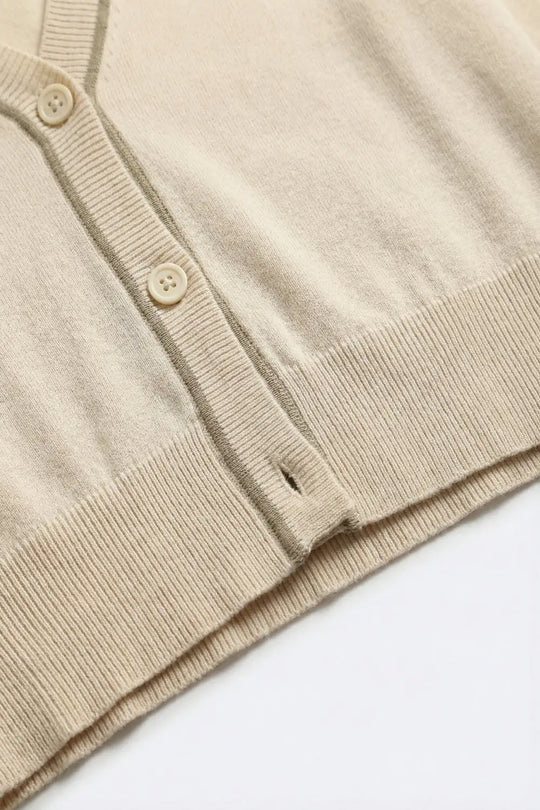 Beige Fine Knit Cardigan with Contrast Trim in brown - BEIGE / ONE - Cardigans