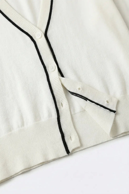 White Fine Knit Cardigan with Contrast Trim in black - WHITE / ONE - Cardigans