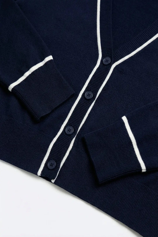 Navy Fine Knit Cardigan with Contrast Trim in white - NAVY / ONE - Cardigans