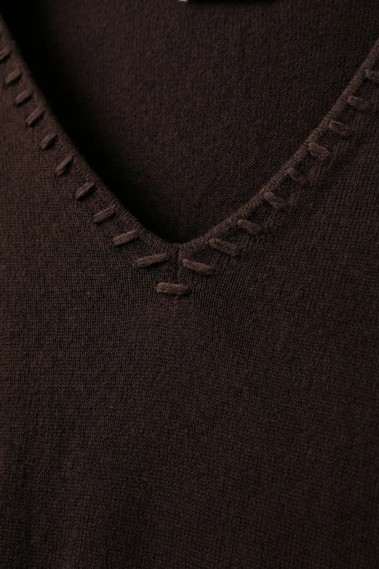 Fine Knit V-Neck Sweater with Decorative Neckline Detail in brown color - BROWN / ONE - Sweaters