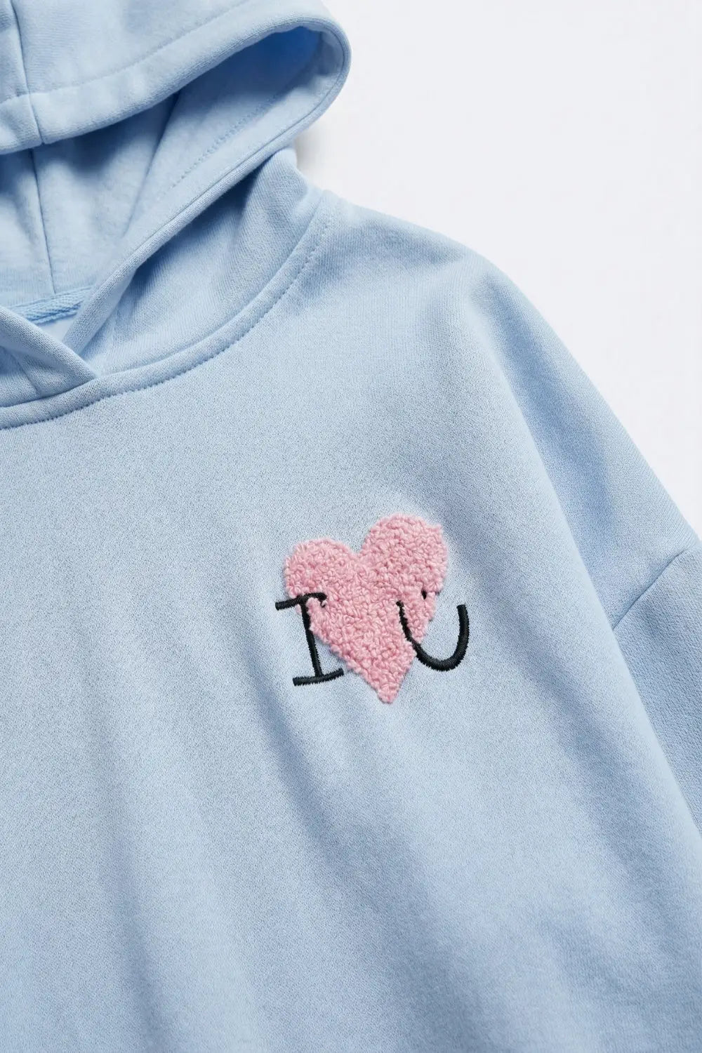 Baby Blue Super-Soft Hoodie with Bouclé Heart Graphic - BLUE / ONE - Sweaters
