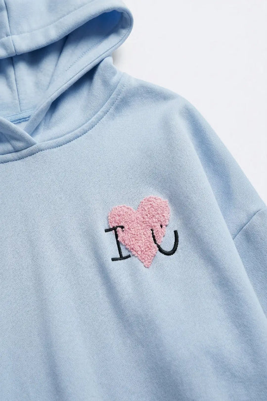 Baby Blue Super-Soft Hoodie with Bouclé Heart Graphic - BLUE / ONE - Sweaters