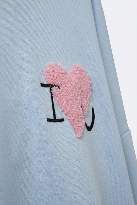 Baby Blue Super-Soft Hoodie with Bouclé Heart Graphic - BLUE / ONE - Sweaters