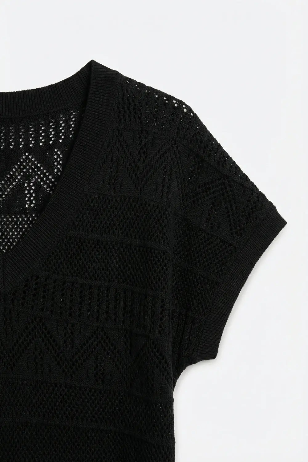 Black V-Neck Crochet Knit Top with Cap Sleeves - BLACK / ONE - Sweaters