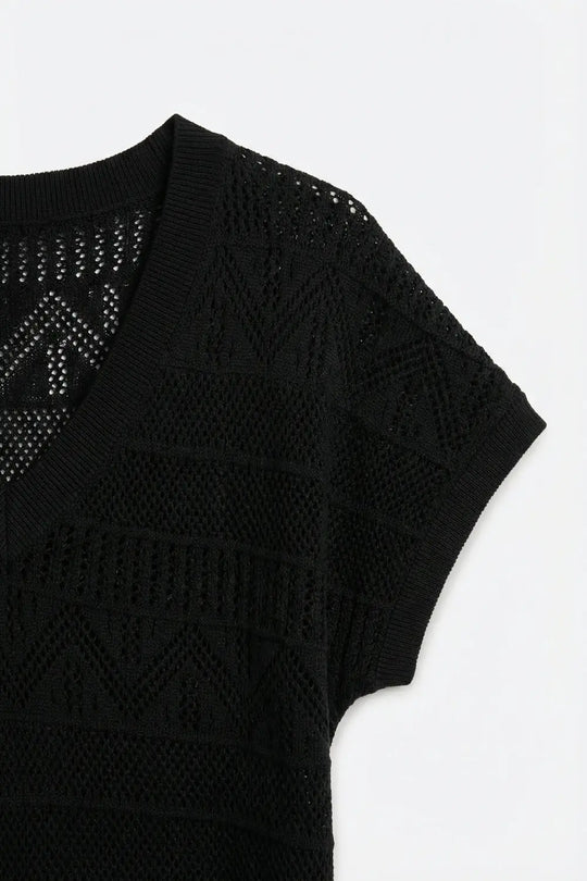 Black V-Neck Crochet Knit Top with Cap Sleeves - BLACK / ONE - Sweaters