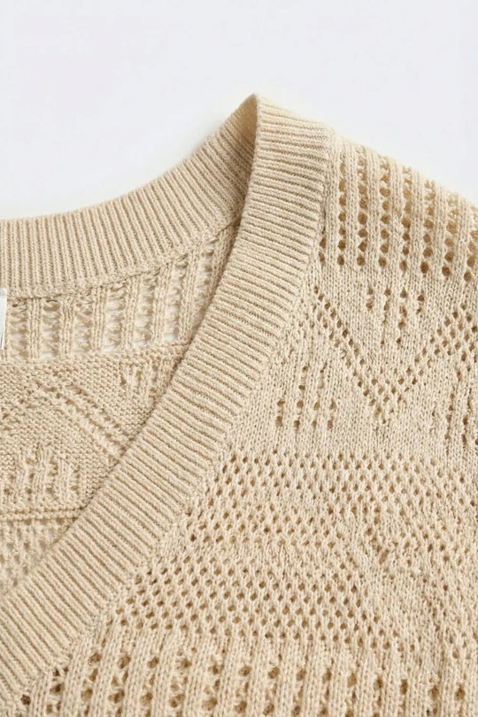 Beige Knit V-Neck Cap Sleeve Sweater Top - BEIGE / ONE - Tops