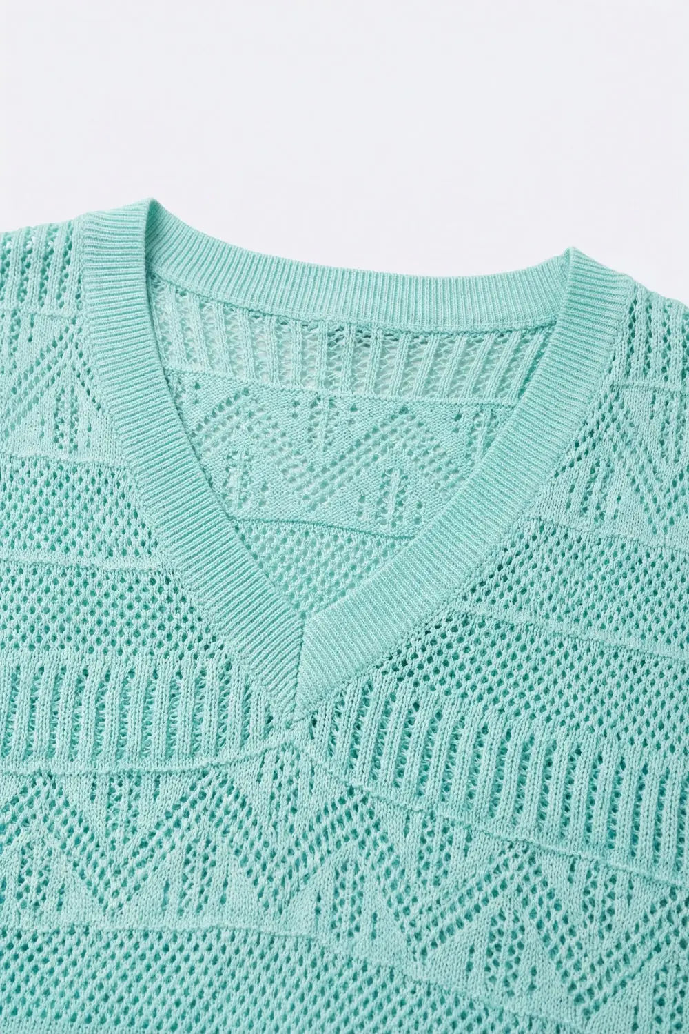Light Blue Knit V-Neck Short Sleeve Sweater - GREEN / ONE - Tops