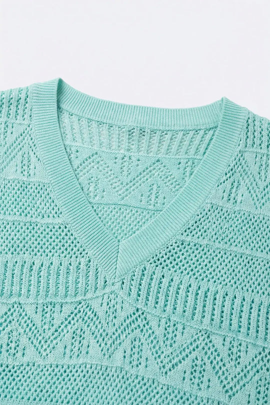 Light Blue Knit V-Neck Short Sleeve Sweater - GREEN / ONE - Tops