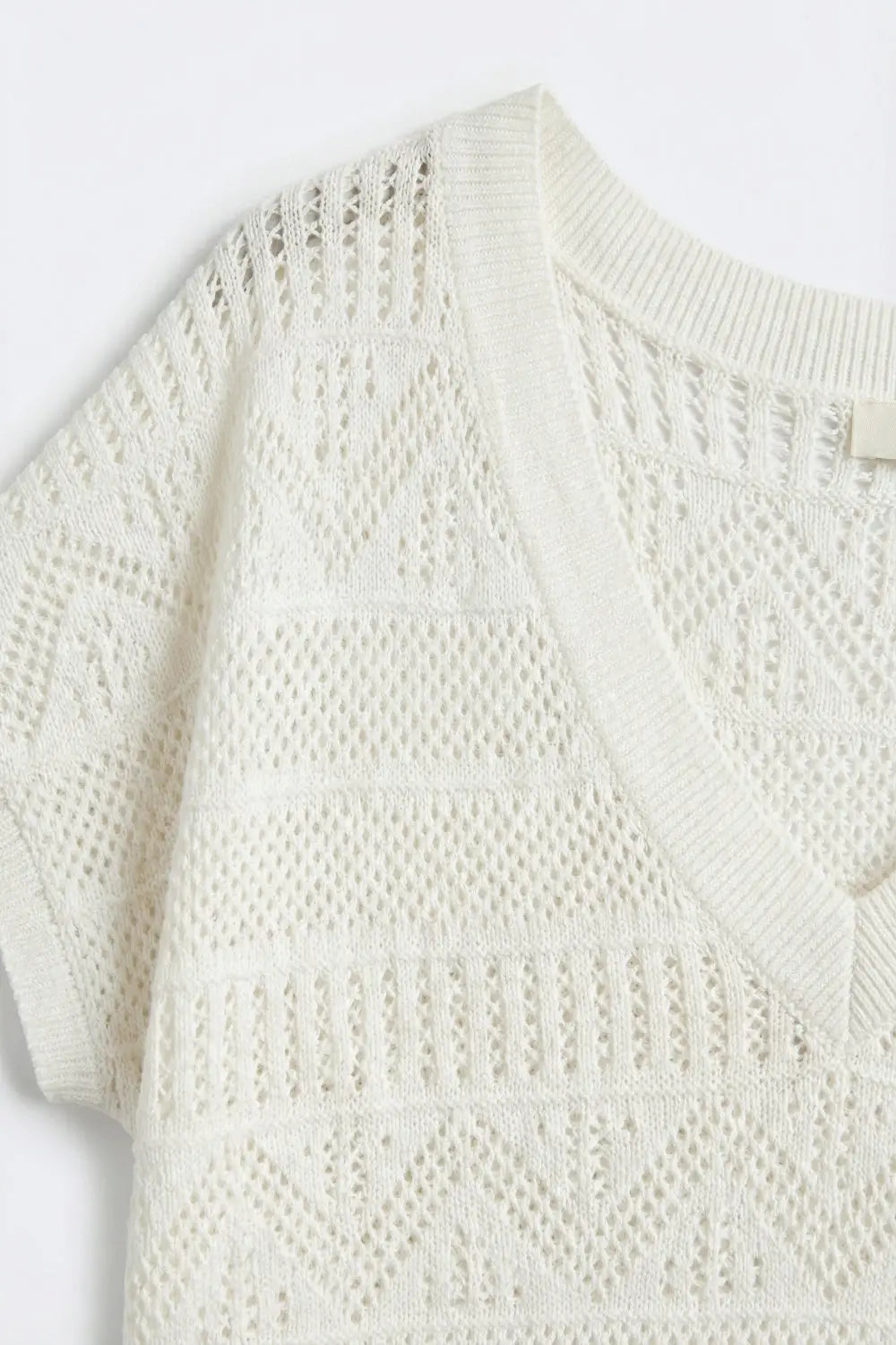 White Open Knit V-Neck Short Sleeve Sweater - WHITE / ONE - Tops