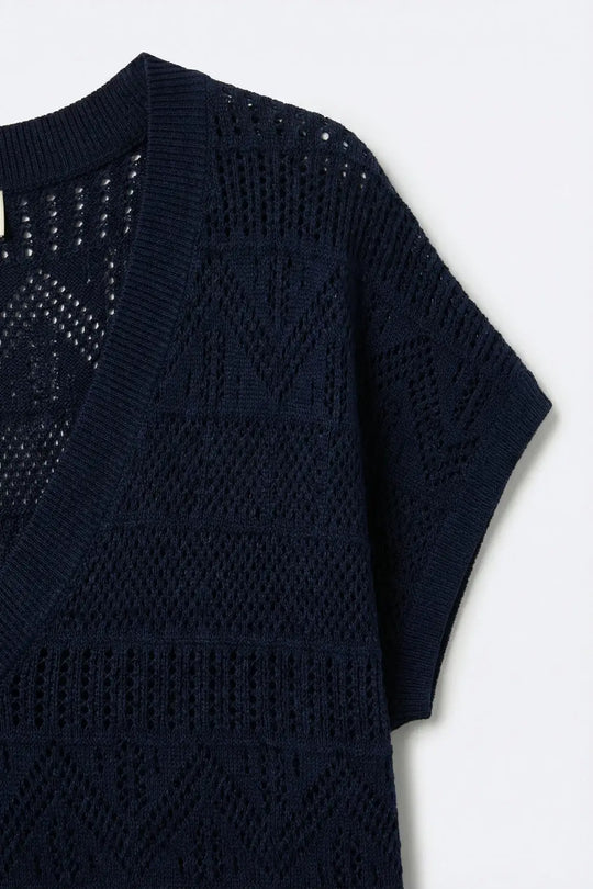 Navy V-Neck Knit Top with Lightweight Texture - NAVY / ONE - Tops