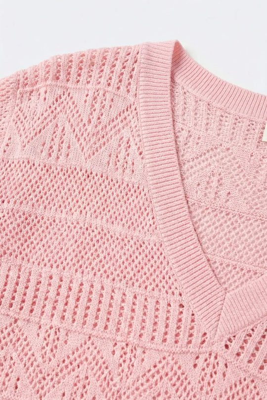 Pink V-Neck Knit Top with Patterned Texture - PINK / ONE - Tops