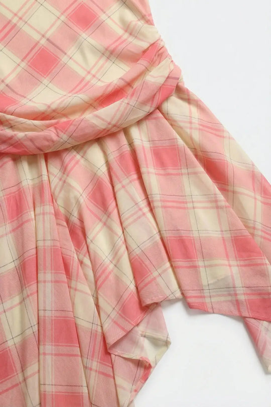 Mesh Fabric Plaid Long Sleeve Asymmetrical Dress in pink - Dresses