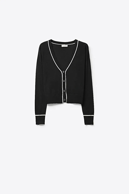 Black Fine Knit Cardigan with Contrast Trim in white - BLACK / ONE - Cardigans