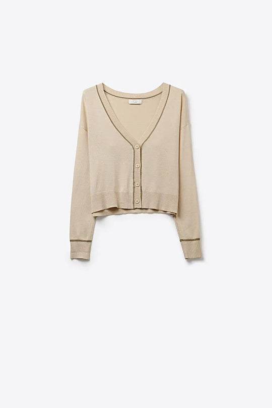Beige Fine Knit Cardigan with Contrast Trim in brown - BEIGE / ONE - Cardigans