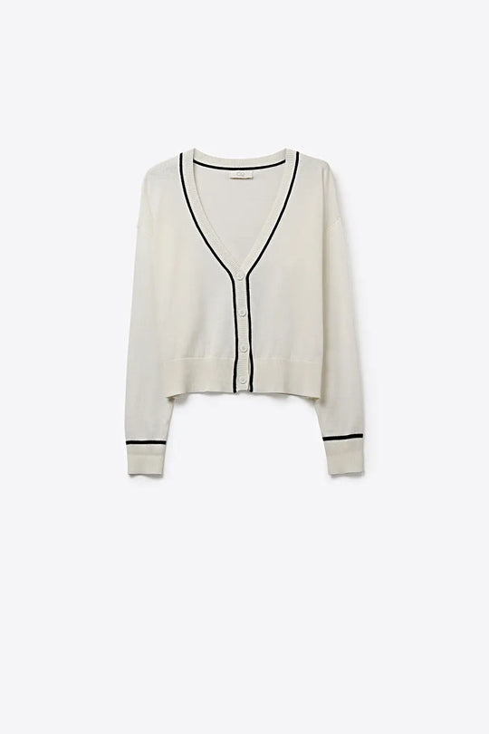 White Fine Knit Cardigan with Contrast Trim in black - WHITE / ONE - Cardigans