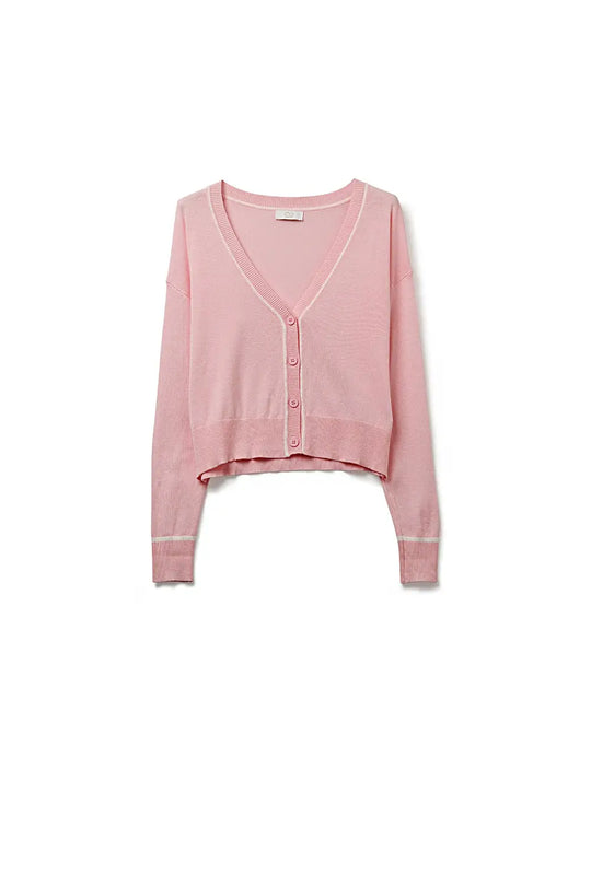 Pink Fine Knit Cardigan with Contrast Trim in white - PINK / ONE - Cardigans